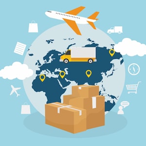 May include: Illustration of a globe with a yellow delivery truck and boxes, representing global shipping and delivery services.