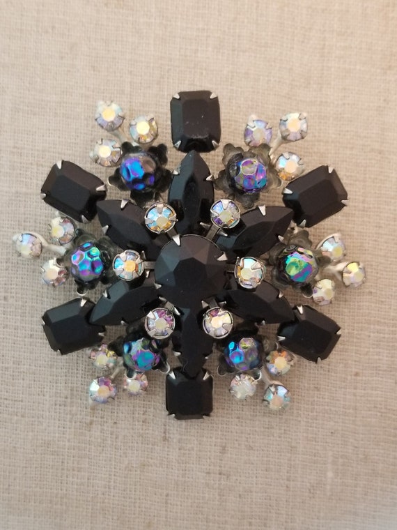 Vintage Brooch Black and AB rhinestones Starburst 