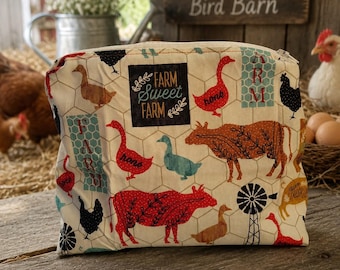 Neceser con cremallera estilo granja / Neceser de algodón hecho a mano / Neceser con estampado de animales de granja / Neceser / Estampado de gallina, pato y vaca / Regalo ideal para amantes de la granja