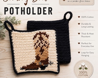 Juego de agarraderas de bota vaquera tejidas a crochet / Colección Frontier / Decoración de cocina estilo western hecha a mano con 100% algodón