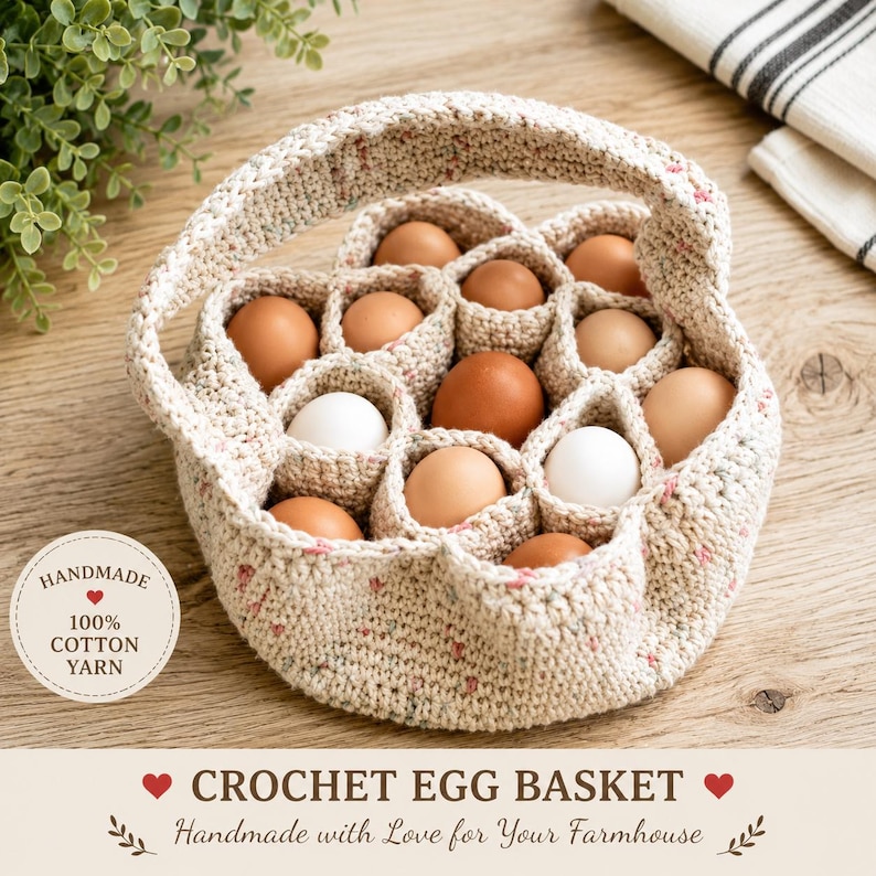 Puede incluir: Una cesta de huevos de ganchillo hecha a mano llena de huevos marrones y blancos. La cesta est&aacute; hecha de hilo de algod&oacute;n beige moteado y tiene un asa. El texto "CROCHET EGG BASKET" est&aacute; en la parte inferior.