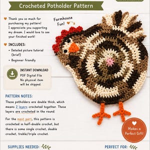 May include: A crocheted potholder pattern shaped like a chicken, featuring brown, tan, and white yarn. The pattern includes a detailed tutorial and is beginner-friendly. The text "Guess What? Chicken Butt" is at the top.