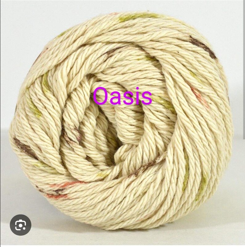 Puede incluir: Ovillo de lana color crema con motas verdes, marrones y rojas. La palabra "Oasis" est&aacute; escrita en morado sobre la lana. Este hilo es adecuado para proyectos de punto y ganchillo.
