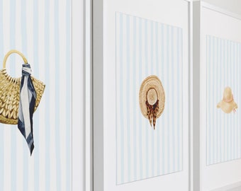 Coastal Wall Art Set of 3 | Coastal Beach House Decor | Beach Hats & Woven Bag Print | Nautical Home Decor | 8x10 Summer Printable Posters