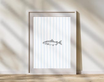 Blue Striped Fish Print | Coastal Digital Download | New England Nautical Wall Decor | Printable Beach House Artwork | Otomi Poster