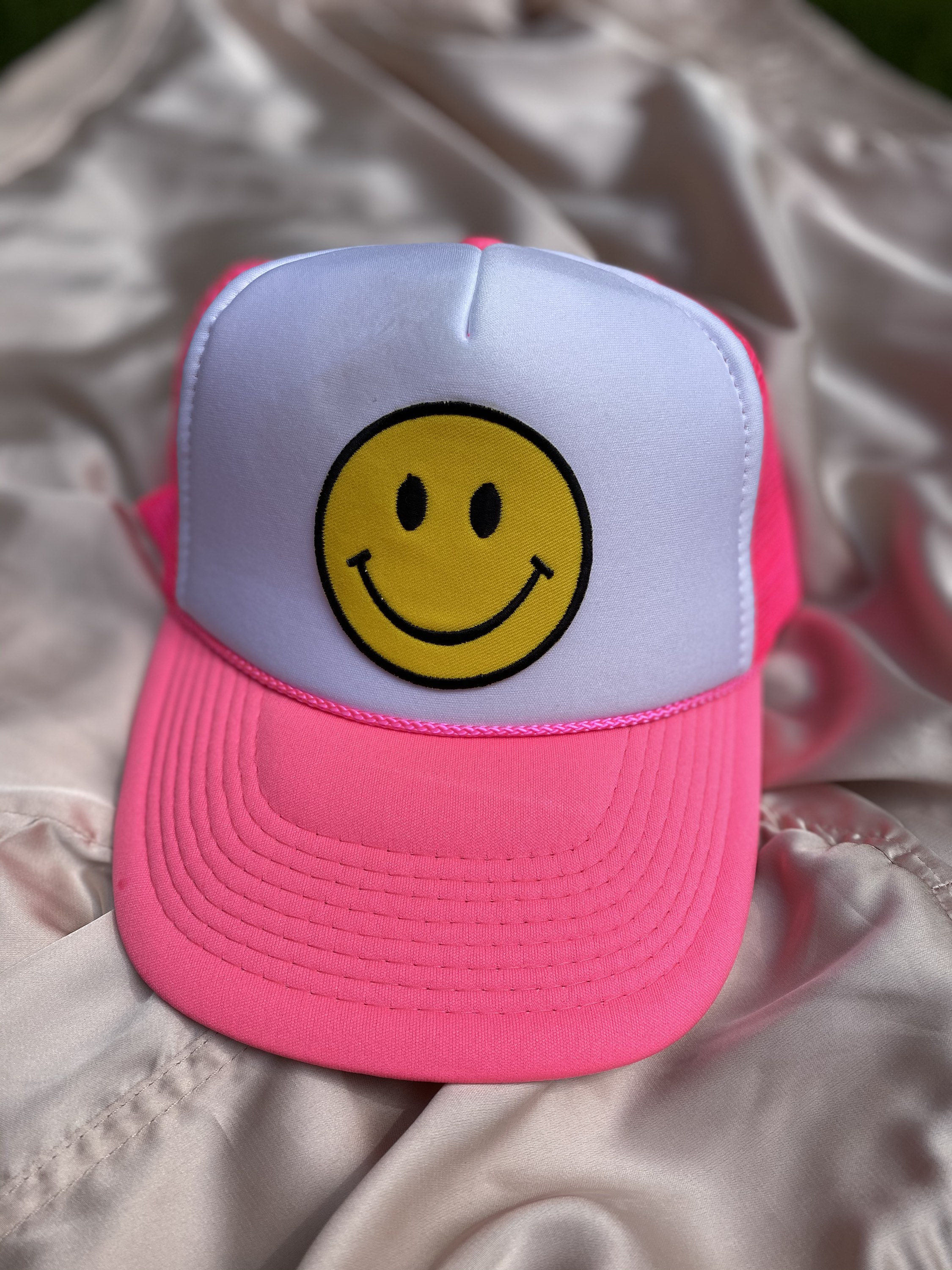 Two Tone Neon Pink Smiley Trucker Hat Etsy