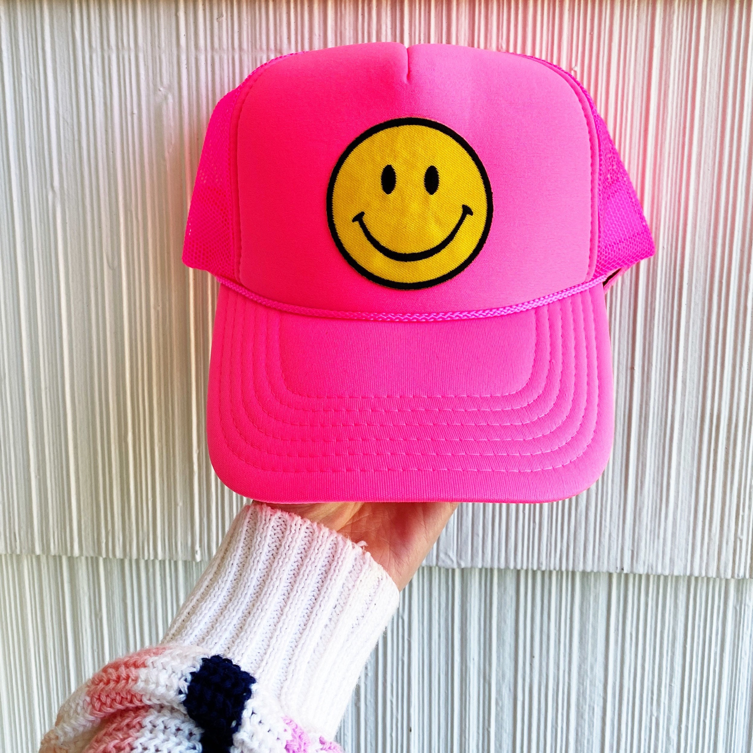 Neon Pink Trucker Hat W Oversized Smiley Patch Etsy