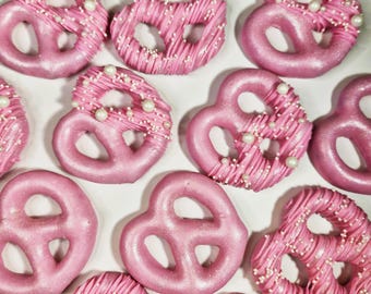Pink Shimmer Chocolate Covered Pretzels – Pearl Accents, Jumbo Dessert Treats