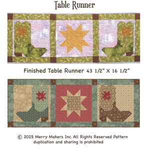 May include: A quilted table runner with a star and cowboy boot design. The runner measures approximately 110.5 cm long and 42 cm wide. The design features a central star and two boots with star accents, in green, brown, and red hues.