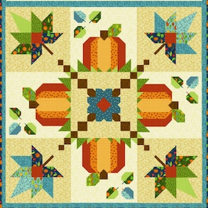 May include: A colorful patchwork quilt featuring autumn-themed designs. The quilt showcases pumpkins, leaves, and squirrels in shades of orange, green, and blue against a cream background. The border has a repeating pattern of orange fruits on a navy blue background.