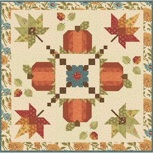 May include: A patchwork quilt featuring autumn-themed designs. The quilt showcases orange pumpkins, colorful leaves, and a central floral pattern. The border has a floral design with blue and yellow flowers.