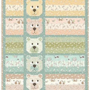 May include: A patchwork quilt featuring five bear faces and alternating horizontal stripes. The quilt uses a palette of soft yellows, greens, pinks, and blues. The stripes have patterns of animals, trees, and vertical lines. The border is a light blue with a star and crescent moon pattern.