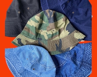 100% Washed Cotton Canvas Bucket Boonie Hat in Denim, Army, Black or Navy for Summer Festival Fun. Army buckets are mixed with polyester*