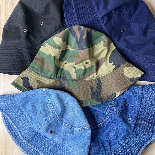 100% Washed Cotton Canvas Bucket Boonie Hat in Denim, Army, Black or Navy for Summer Festival Fun. Army buckets are mixed with polyester*
