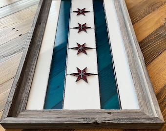Stained Glass Chicago Flag in Barnwood frame 12 x24