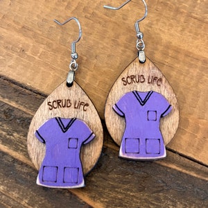 Purple Scrub Life Earring, Handmade Earrings, Teardrop Earring, Nurse Earrings, RN Earrings, Handmade Earring, Hand Painted