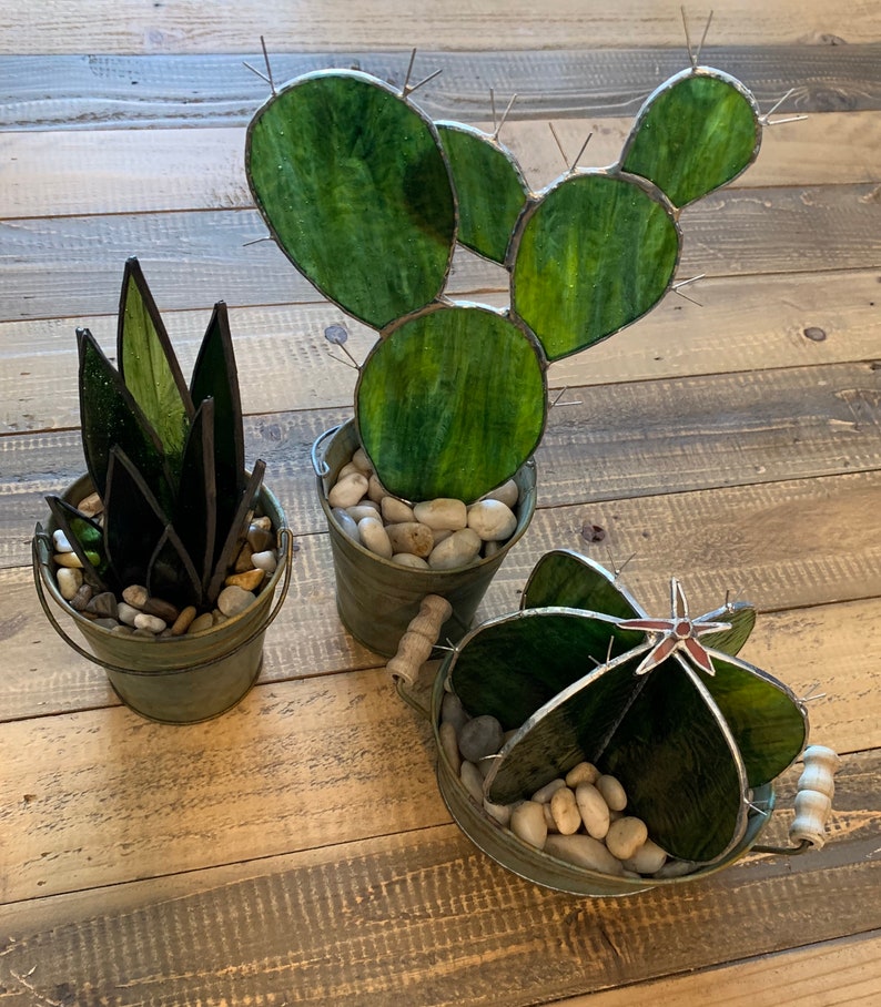 Stained Glass Cactus/Succulents set of three in pot Etsy