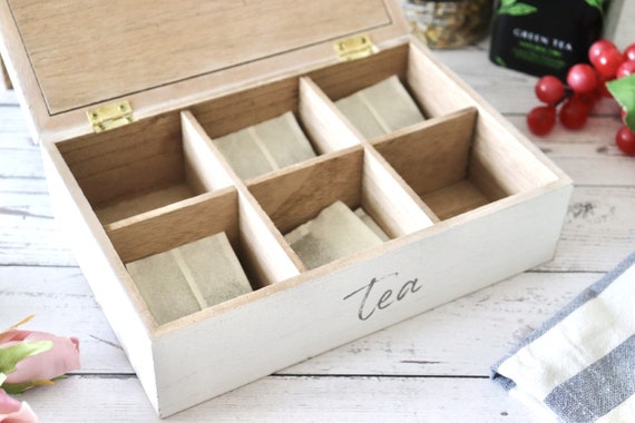Personalized Wooden Tea Box with 8 compartments. Leaves and branches Decor.