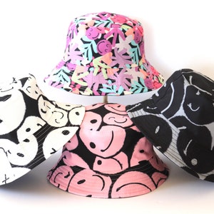 Smiley Face Bucket Hat, Smiley Bucket Hat, Fisherman Hat, Sun Hat, Summer Hat, Happy Face Smiley, 100% Cotton