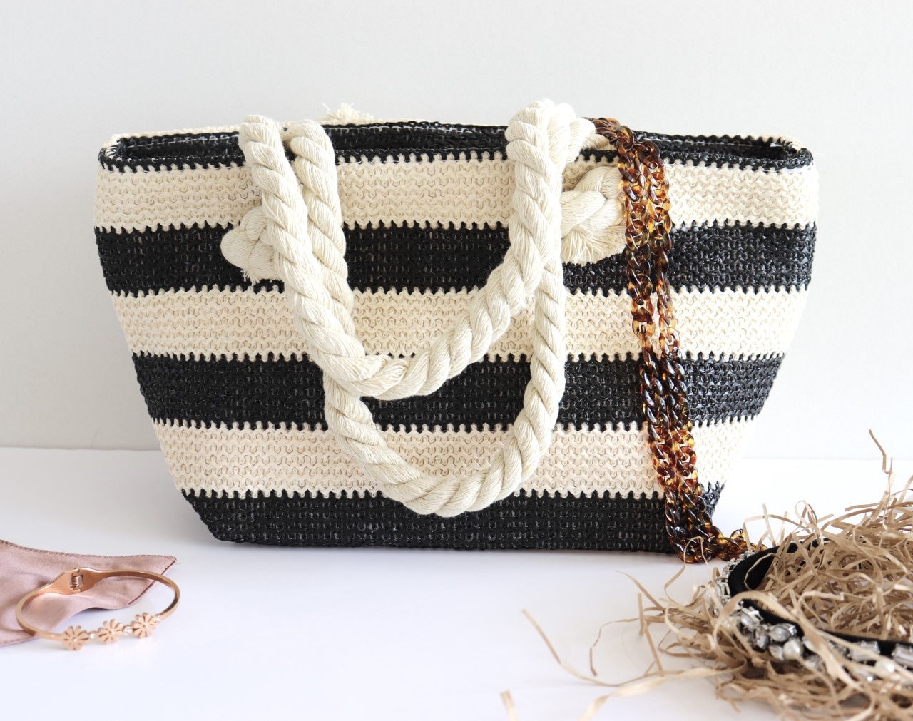 Handmade Woven Bag With Beige, Black & White Vertical Stripes, Women's Straw  Bag, Large Capacity Beach Tote Handbag For Summer Vacation Travel