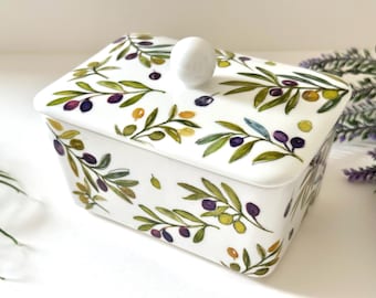 Keramische botervloot met deksel, olijfboombotervloot, boterpot, boterpot, grote botervloot, keukendecor, boerderijdecor, cadeau
