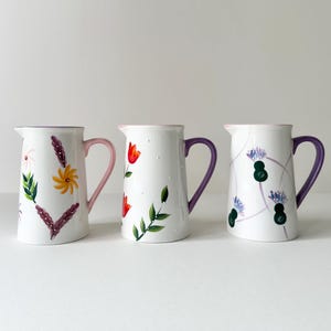 Hand Painted Ceramic Jug | Milk Jug, Creamer, Pitcher or Small Flower Vase | Sunflower, Tulip & Thistle Designs | 475ml | Housewarming Gift