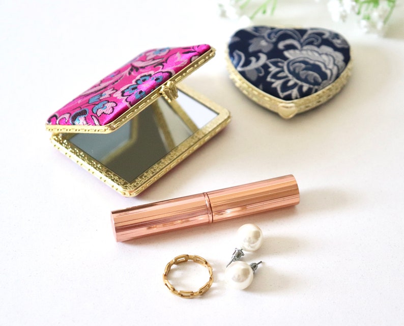 Compact mirror, Pocket Mirror, Makeup Mirror, Handbag Mirror, Wedding Favors, Oriental Silk, Gift For Her, Wedding Gift image 5