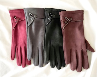 Stitched Button Suede Effect Fabric Women Gloves, Ladies Gloves, Stretchy Soft Lining, Elegant Gloves, Winter Gloves, Fashion Gloves