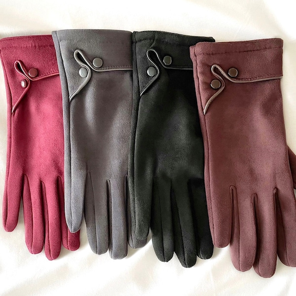 Stitched Button Suede Effect Fabric Women Gloves, Ladies Gloves, Stretchy Soft Lining, Elegant Gloves, Winter Gloves, Fashion Gloves