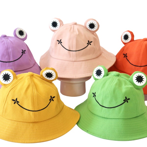 Chapeau de seau de grenouille, chapeau brodé mignon, chapeau de soleil, enfants de chapeau d’été, chapeau de plage, chapeau de grenouille