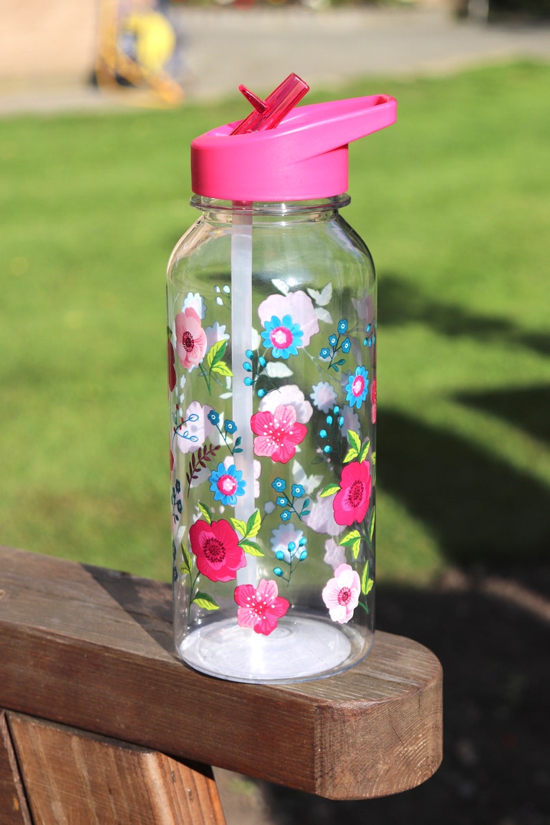 Water Bottle, Reusable 1 Litre Water Bottle With Flip Straw, Hydration Bottle, Various Designs Available, Gift, Wild Flowers Dark Pink floral