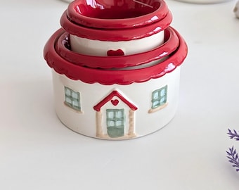 Hand Painted Ceramic House Measuring Cup Set: Cottagecore Kitchen Decor