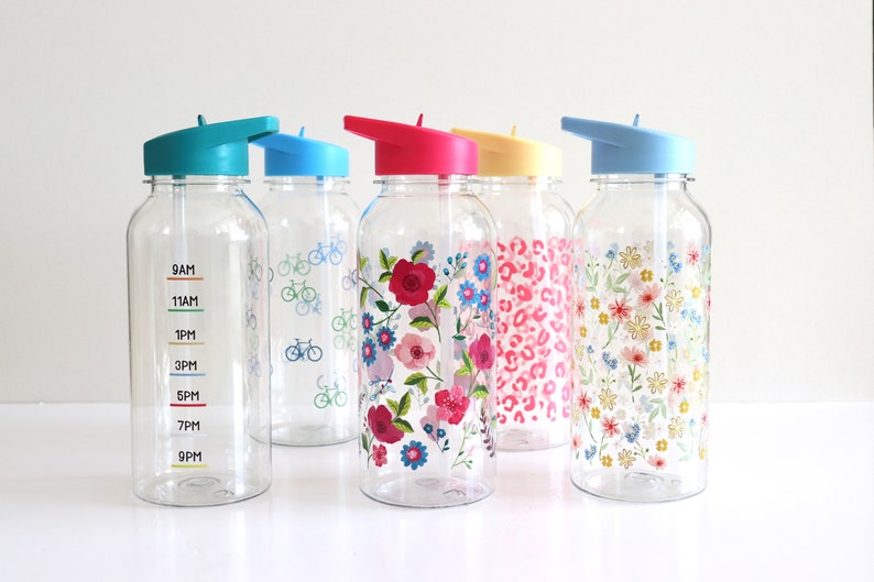 Water Bottle, Reusable 1 Litre Water Bottle With Flip Straw, Hydration Bottle, Various Designs Available, Gift, Wild Flowers image 1