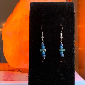 Handmade blue glass beads with blue-green semiprecious stone earthy dangle earrings