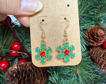 Green snowflake earrings