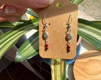 Silver Ladybug Earrings with red and black beads