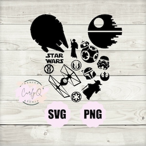 Puede incluir: Diseño de silueta en blanco y negro con varios personajes y símbolos de Star Wars, incluyendo el Halcón Milenario, la Estrella de la Muerte, R2-D2, Darth Vader, Yoda y el logotipo de la Alianza Rebelde. El texto "Star Wars" también está incluido en el diseño.