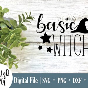 May include: Black and white graphic design with the text "basic witch" and a witch's hat. There are three small stars around the text.