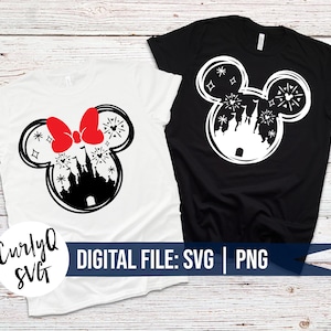 May include: Two white t-shirts with a black and white silhouette of Mickey Mouse's head with a castle inside. One shirt has a red bow on the silhouette. The text "DIGITAL FILE: SVG | PNG" is on the bottom of the shirts.