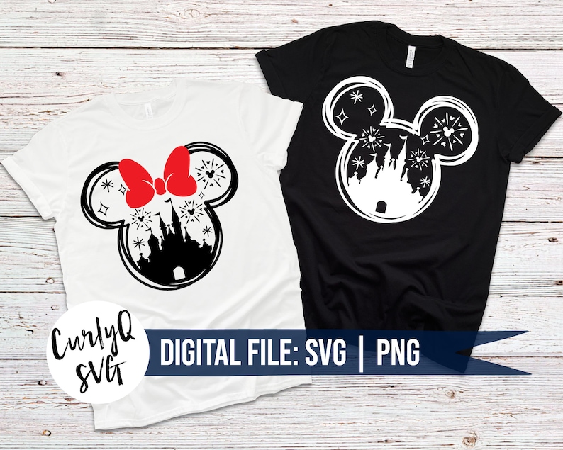 May include: Two white t-shirts with a black and white silhouette of Mickey Mouse's head with a castle inside. One shirt has a red bow on the silhouette. The text "DIGITAL FILE: SVG | PNG" is on the bottom of the shirts.