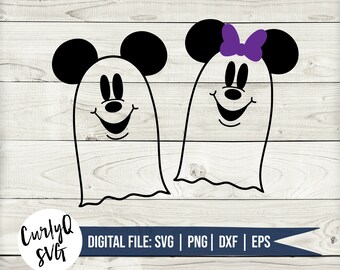 May include: A digital file for a pair of ghost Mickey Mouse and Minnie Mouse characters. The characters are white with black outlines and have big ears. Minnie Mouse has a purple bow on her head. The text "DIGITAL FILE: SVG | PNG | DXF | EPS" is at the bottom of the image.