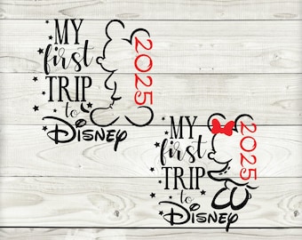 May include: Black and white graphic design with the text "My first trip to Disney" and the year "2025" in red. The design features a Mickey Mouse silhouette and a Minnie Mouse silhouette.