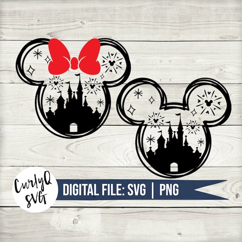 May include: Black and white silhouette of a castle with fireworks inside a Mickey Mouse head shape. The Mickey Mouse head on the left has a red bow on top. The text "DIGITAL FILE: SVG | PNG" is at the bottom of the image.