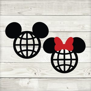 May include: Black and white silhouette of Mickey Mouse and Minnie Mouse with a globe in the center of their heads. Minnie Mouse is wearing a red bow.