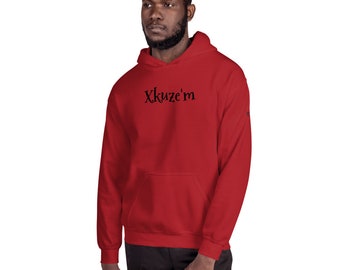 May include: A red hoodie with the text "Xkuze'm" in black script across the chest. The hoodie features a hood, a front pocket, and long sleeves. The model is wearing the hoodie.