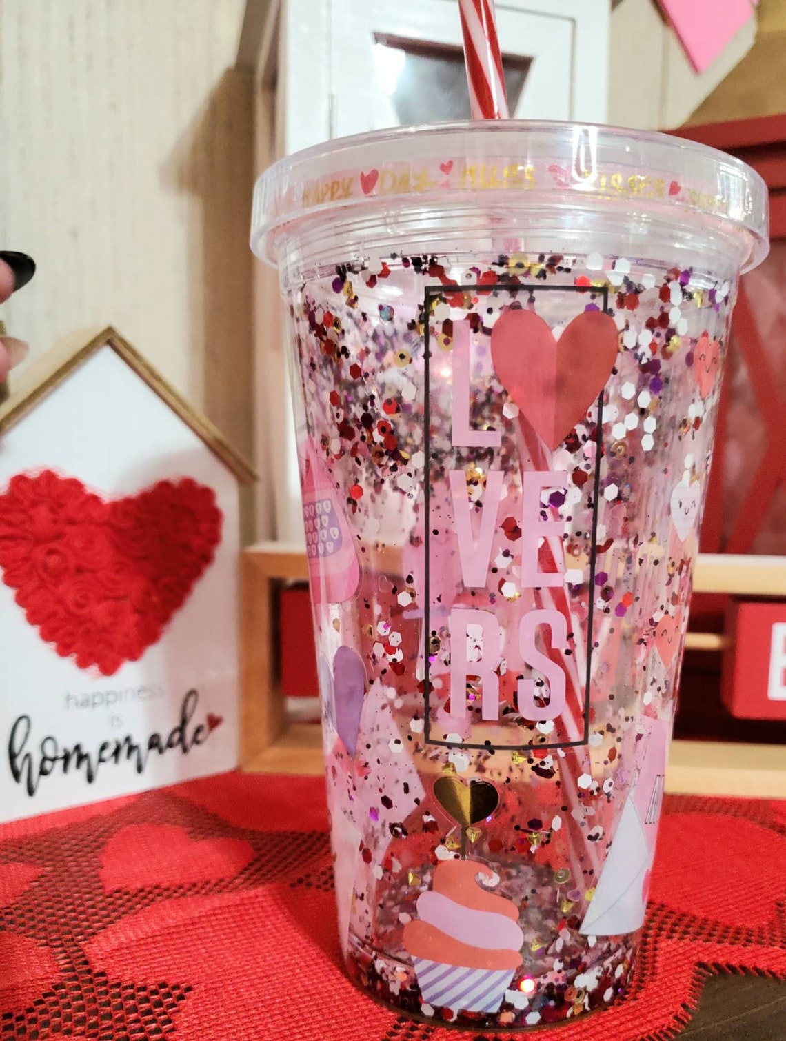 Valentines Snowglobe Tumbler Glitter Tumbler Valentines Cup Etsy