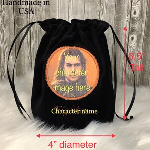 Personalized velvet dice bag with character picture and pockets