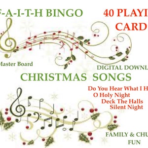 F-A-I-T-H BINGO - Kerstversie - 40 spelkaarten gevuld met christelijke liedjes Karaokestijl zonder muziek