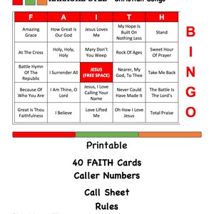 May include: A printable bingo card game with a red, green, and orange color scheme. The game is titled "Path to Righteousness Game Series Karaoke Style - Christian Songs". The card features a grid of squares with Christian song titles in each square. The squares are labeled with the letters F, A, I, T, H, B, I, N, G, O.