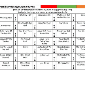 May include: A colorful chart with numbers and song titles. The chart is divided into columns with headings like "Holy, Holy, Holy", "Jesus Loves Me", "My Hope Is Built On Nothing Less", and "Stand". Each column has a list of song titles and numbers.